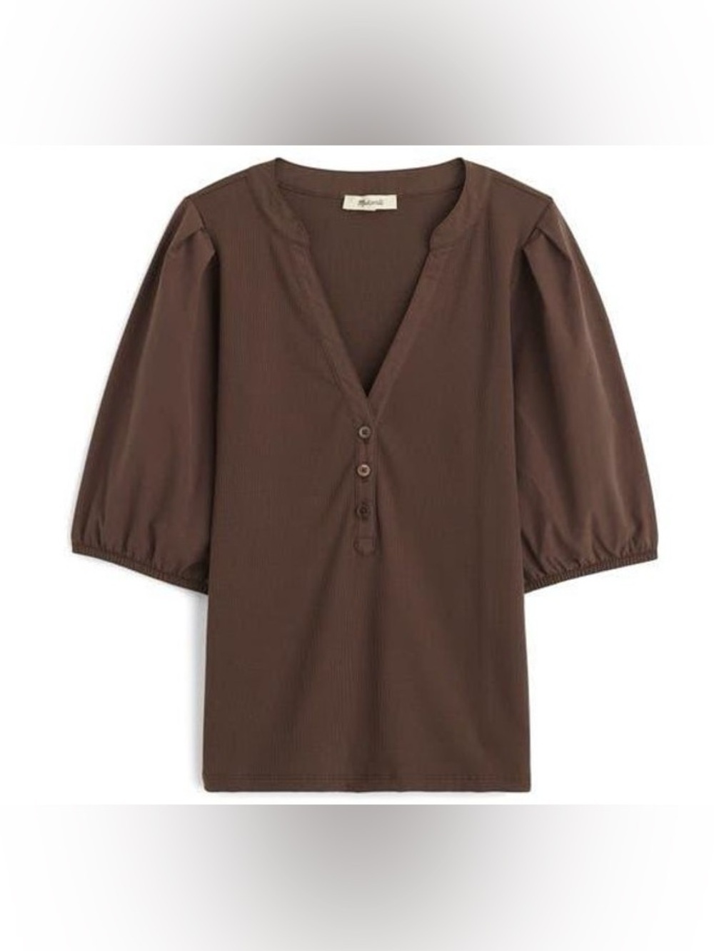Madewell Brown Puff Sleeve Henley Knit Top XS NWT Modal Blend - Picture 7 of 7